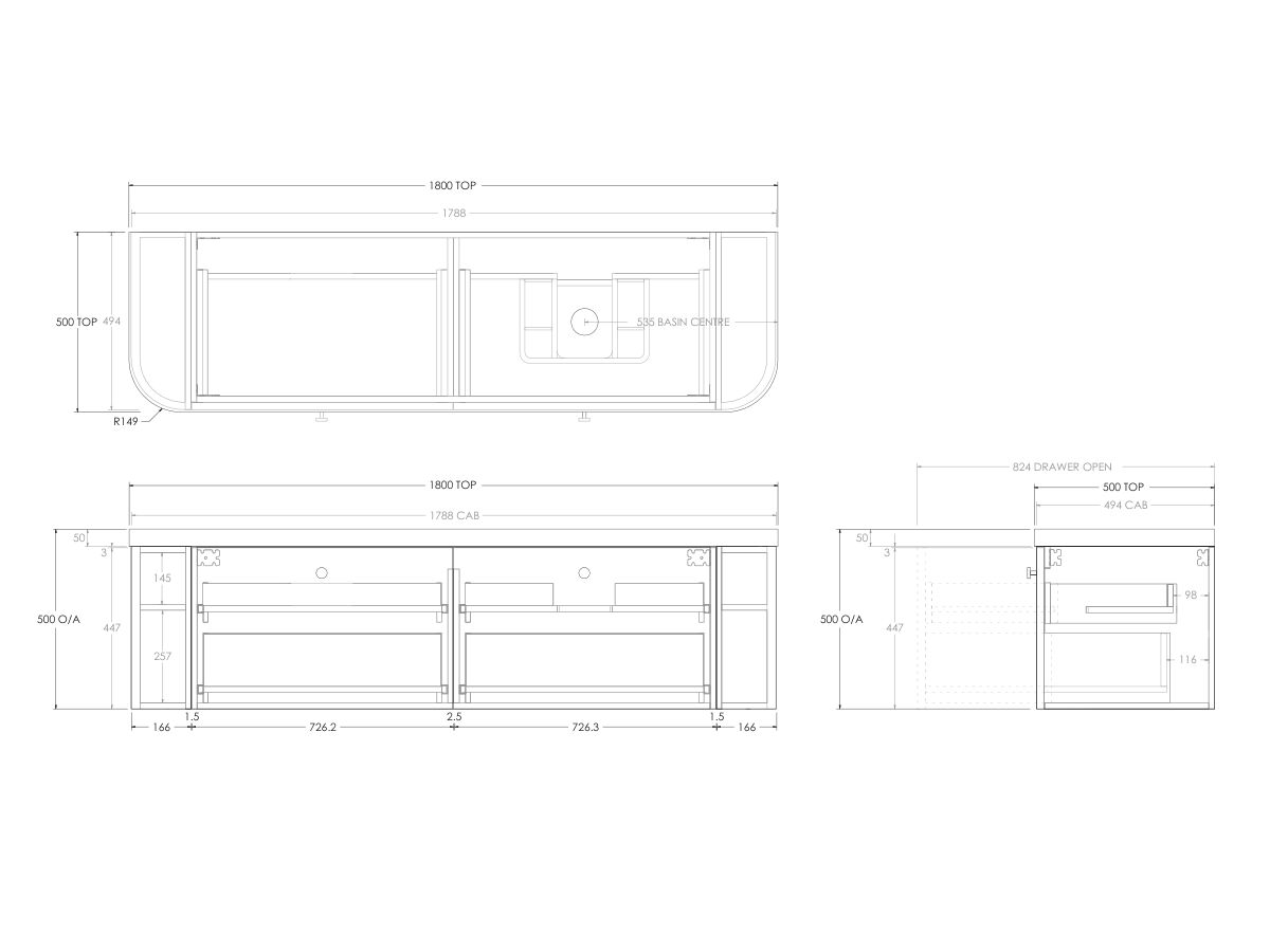 Kado Era 50mm Durasein Statement Top Double Curve All Drawer 1800mm Wall Hung Vanity with Right Hand Basin