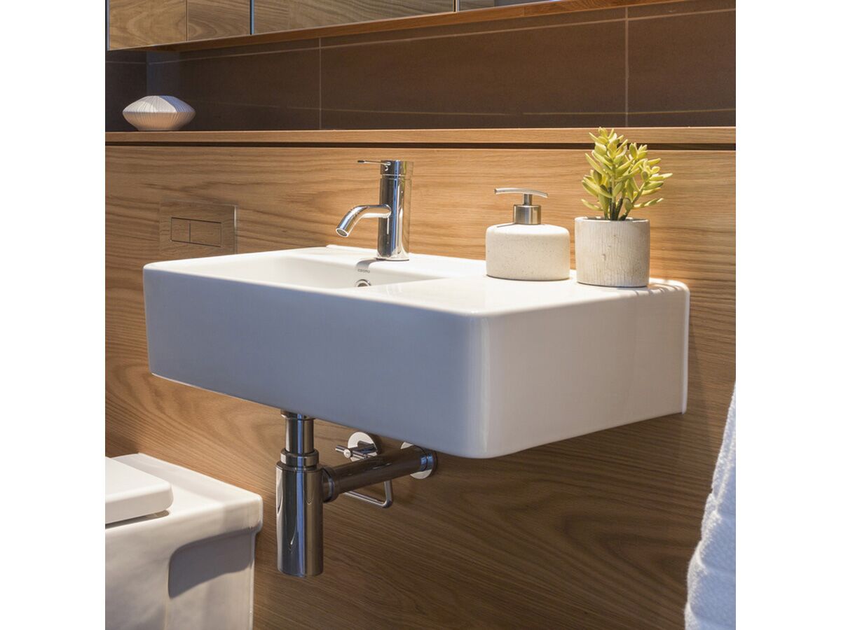 Caroma Cube Wall Basin with Overflow Left Hand Shelf 1 Taphole White