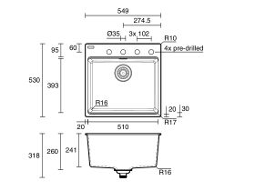 Technical Drawing - Franke City Fragranite Single Bowl 510mm Inset Sink with Tap Ledge