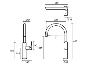 Technical Drawing - Mizu Silk Gooseneck Sink Mixer Curved (5 Star)