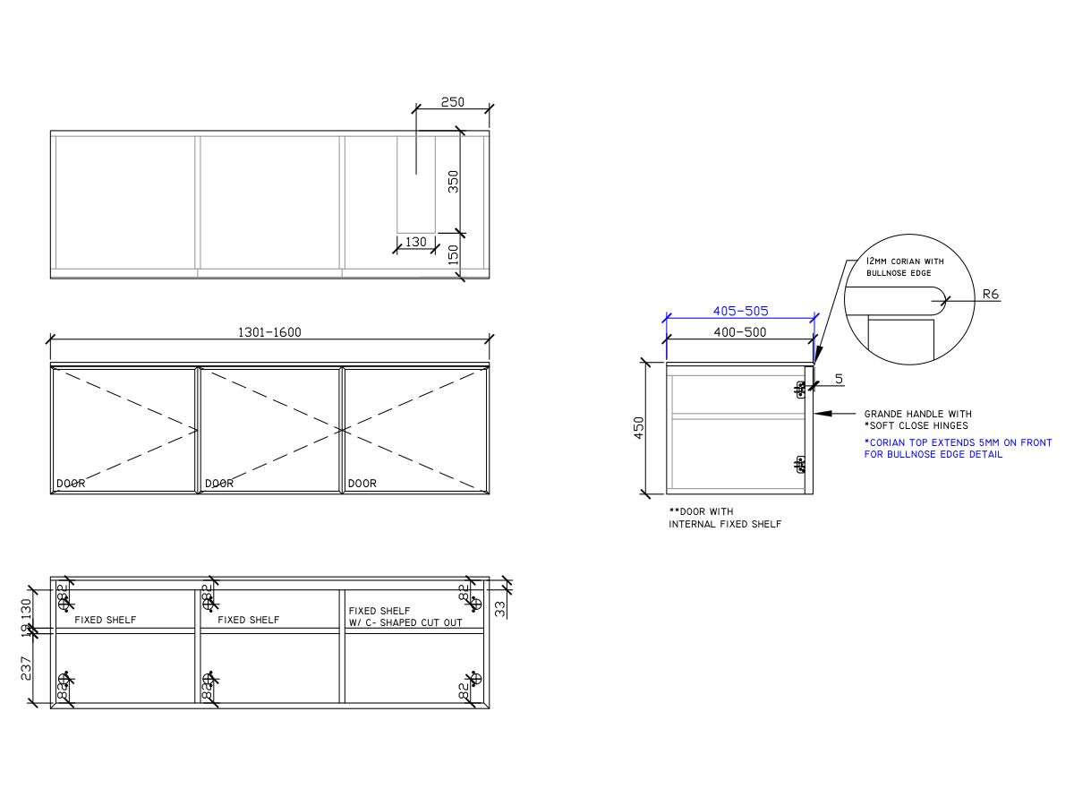 ISSY Adorn Above Counter / Semi Inset Wall Hung Vanity Unit with Three Doors & Internal Shelf with Grande Handle 1301-1600mm x 400-500mm x 450mm OFFSET RIGHT (CENTRE LEFT)
