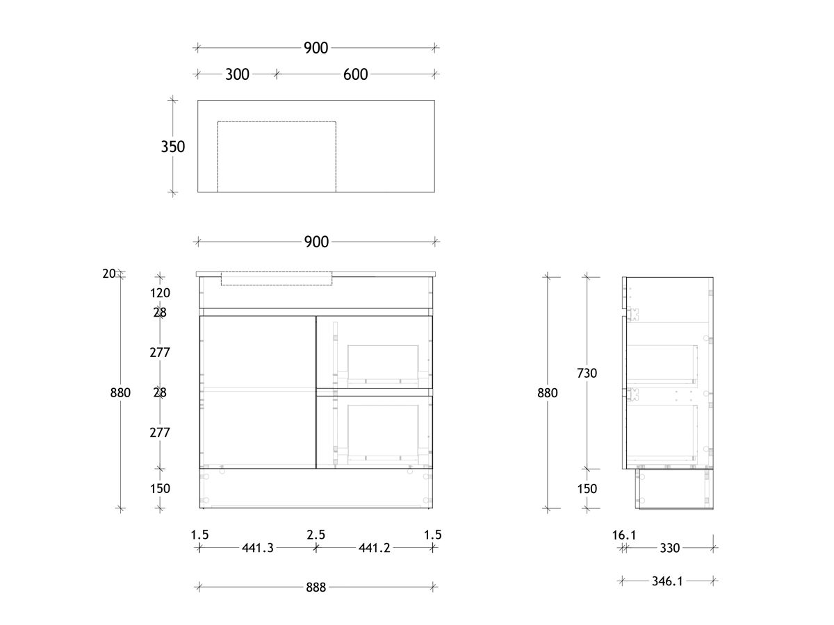Technical Drawing - Posh Domaine Semi-Recessed 900mm Floor Mounted Vanity Left Hand Basin 20mm Top