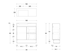 Technical Drawing - Posh Domaine Semi-Recessed 900mm Floor Mounted Vanity Left Hand Basin 20mm Top