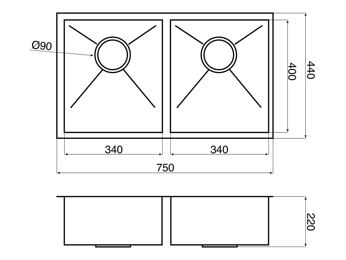 AFA Vertus Double Bowl Undermount Sink No Taphole 750mm Stainless Steel