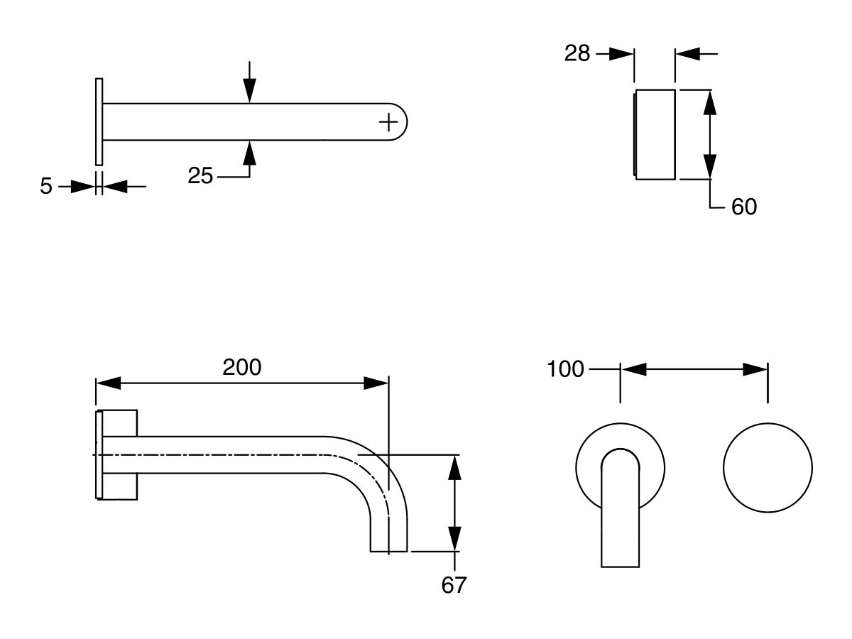 Milli Pure Progressive Wall Bath Mixer Tap System 200mm with Linear Textured Handle PVD Brushed