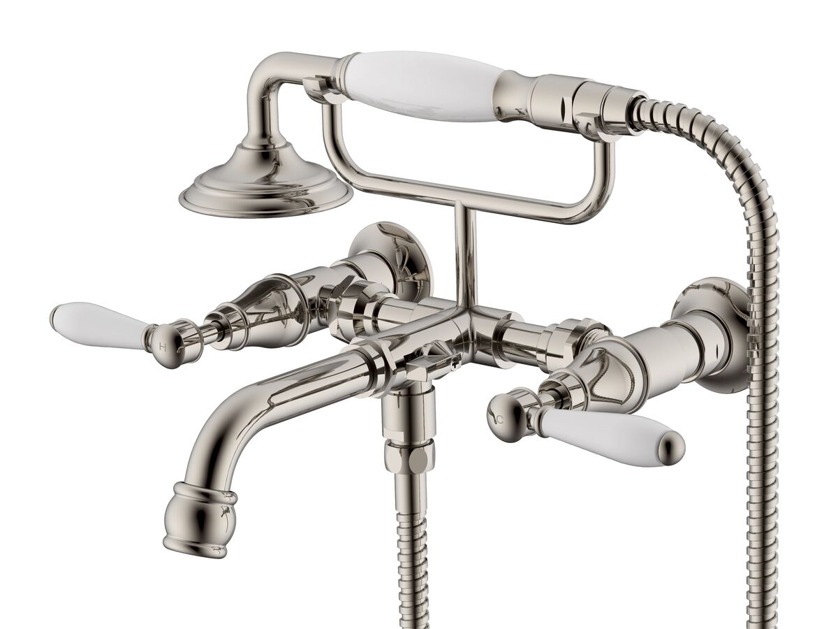 Milli Voir Wall Mounted Telephone Bath Set Lever with Porcelain Handles Brushed Nickel (3 Star)
