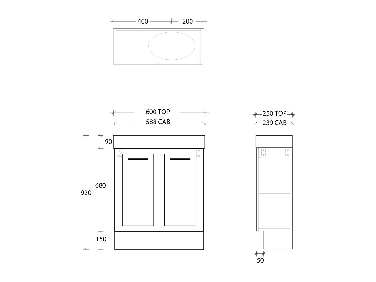 Kado Lux Petite Vanity Unit Floor Mount 600mm Right Bowl Statement Top (Basin Included)
