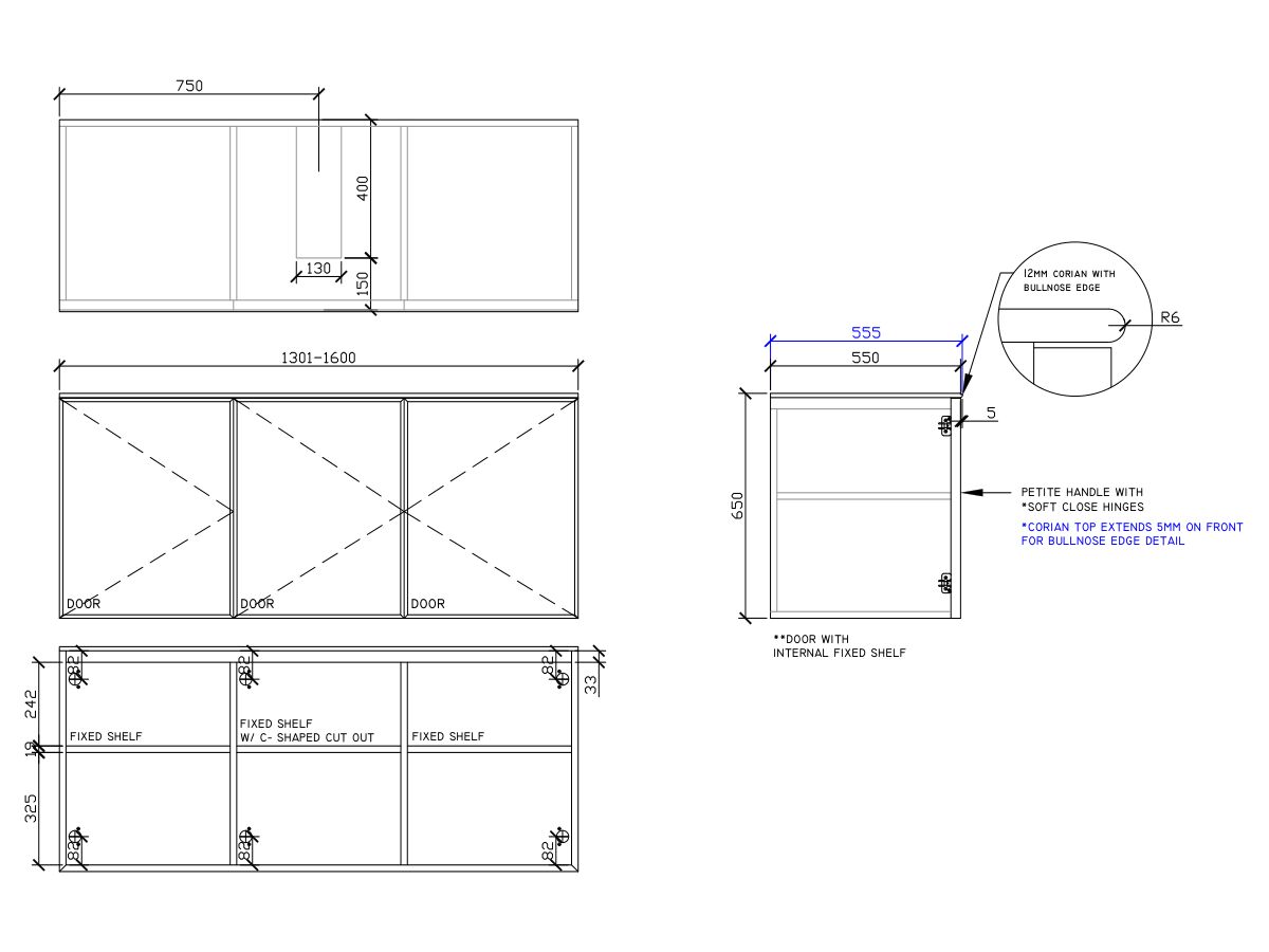 ISSY Adorn Undermount Wall Hung Vanity Unit with Three Doors & Internal Shelf with Petite Handle 1301-1600mm x 550mm x 650mm CENTERED (CENTRE LEFT)