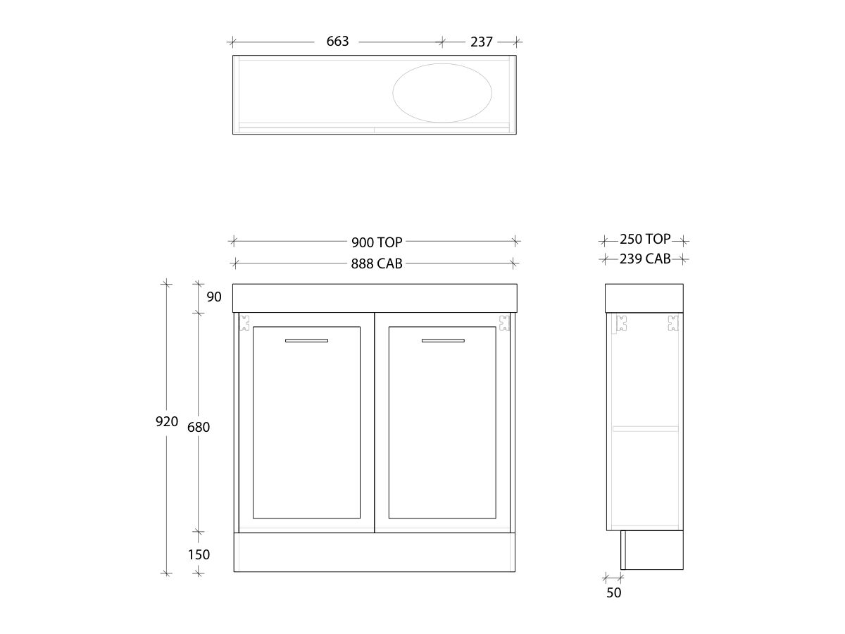 Kado Lux Petite Vanity Unit Floor Mount 900mm Right Bowl Statement Top (Basin Included)