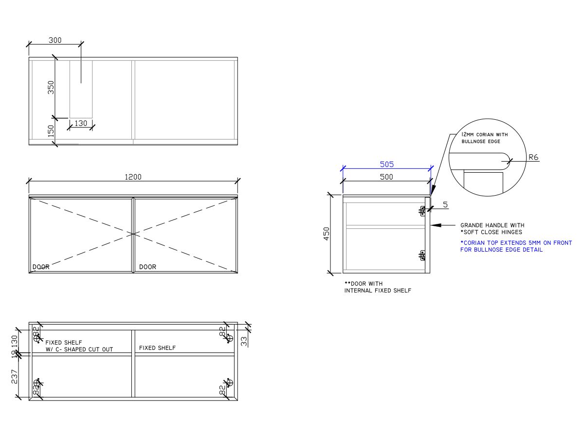 ISSY Adorn Above Counter / Semi Inset Wall Hung Vanity Unit with Two Doors & Internal Shelves with Grande Handle 1200mm x 500mm x 450mm OFFSET LEFT (OPENS BOTH SIDES)