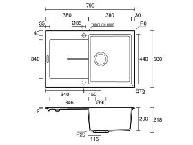 Memo Freya Single Bowl Sink 1 Taphole Right Hand Bowl with Drainer Granite Black