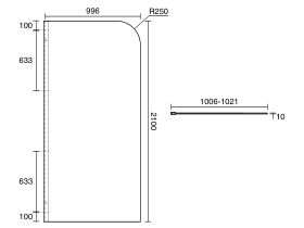 Technical Drawing - Kado Lux Frameless Curved Panel with Wall Channel Clear Glass 1000mm