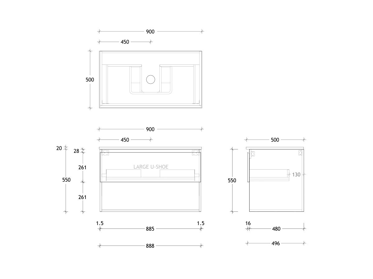 Technical Drawing - Posh Domaine All Drawer with Shelf 900mm Wall Hung Vanity Centre Basin 20mm Top