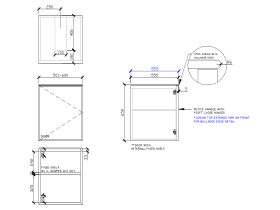Technical Drawing - ISSY Adorn Undermount Wall Hung Vanity Unit with One Door & Internal Shelf with Petite Handle 501-600mm x 550mm x 650mm CENTER (LEFT)