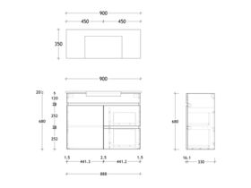 Technical Drawing - Posh Domaine Semi-Recessed 900mm Wall Hung Vanity Centre Basin 20mm Top