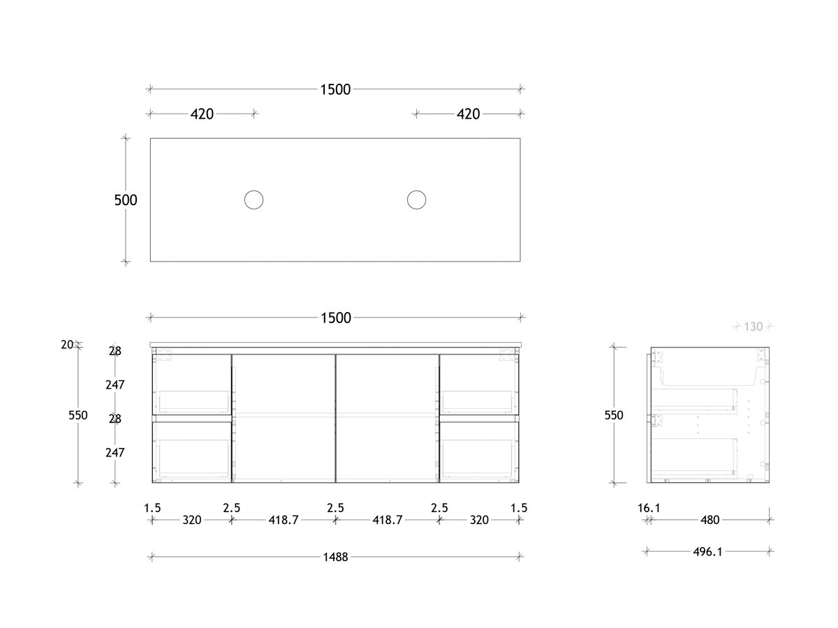 Posh Domaine 1500mm Wall Hung Vanity Unit Conventional Double Bowl Friday Top (no basin)