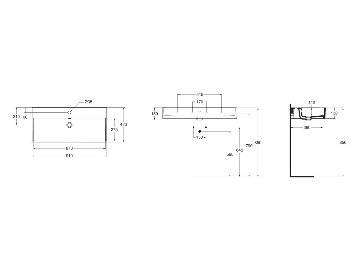 Ideal Standard 910 Wall Basin Thin Edge with Overflow 1 Taphole
