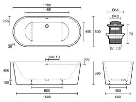 Posh Solus Freestanding Bath with Overflow 1780 x 800 x 595mm White