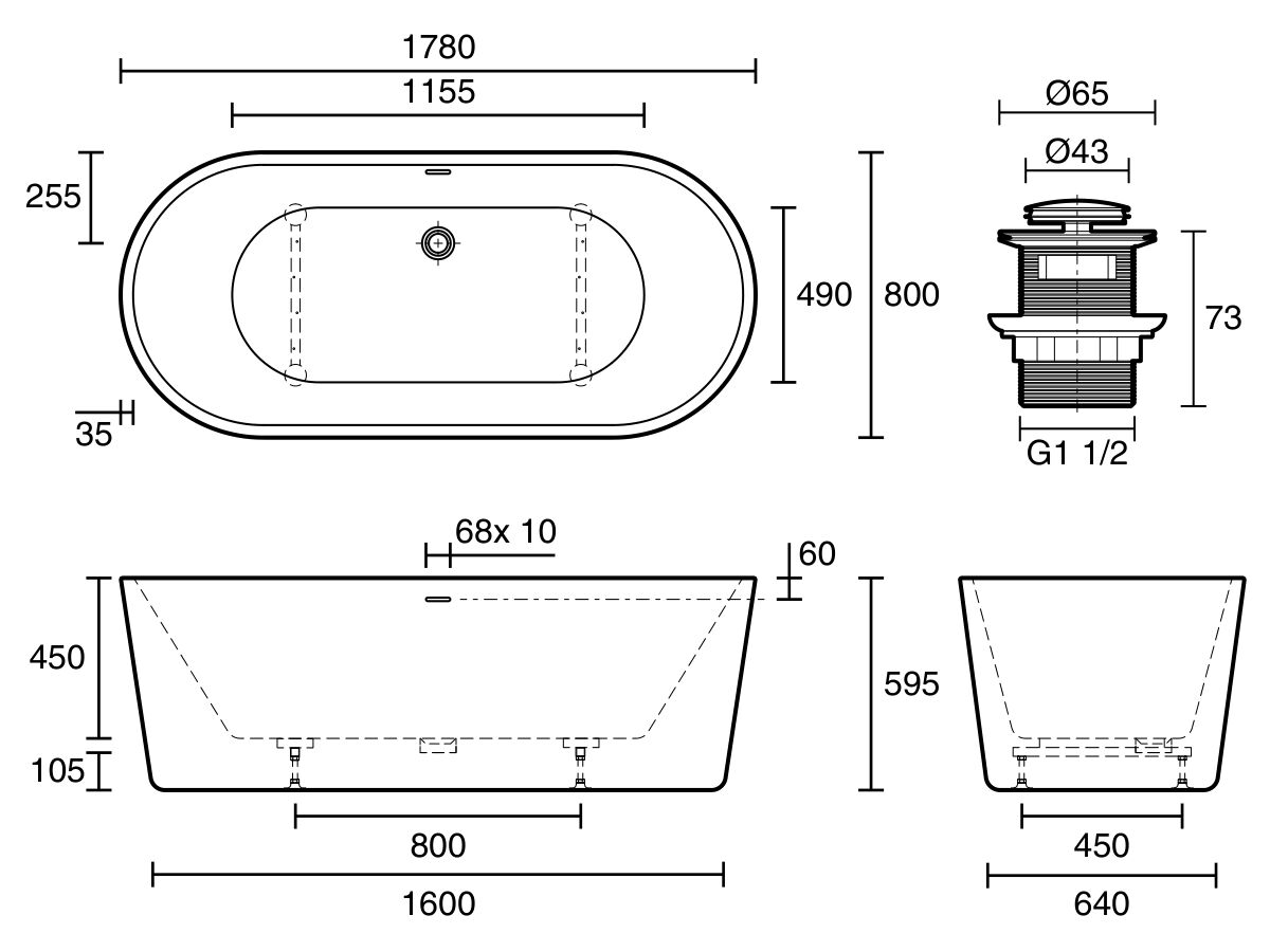Posh Solus Freestanding Bath with Overflow 1780 x 800 x 585mm White