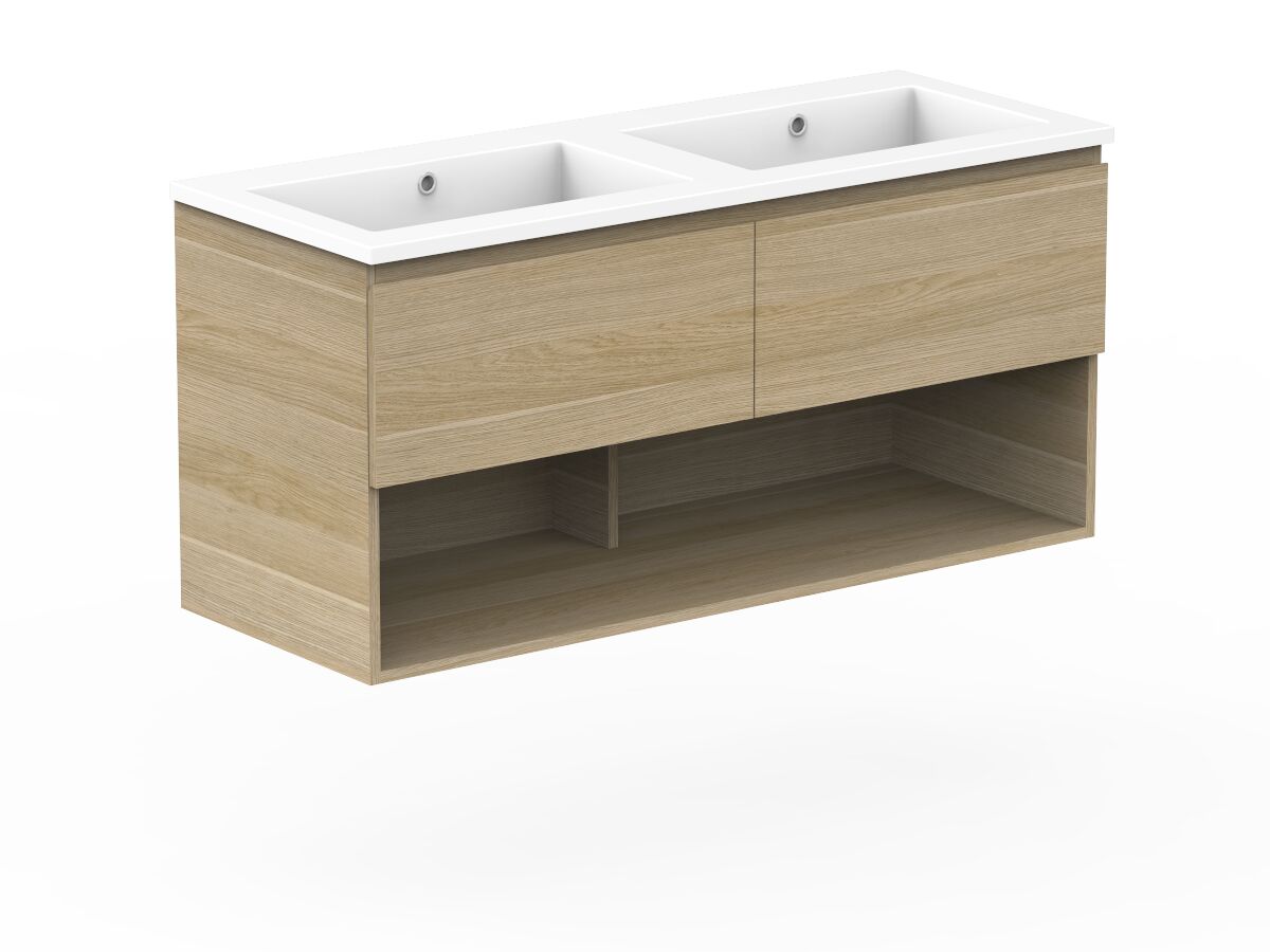 Posh Domaine Plus Open Shelf AllDrawer 1200mm Double Bowl Wall Hung