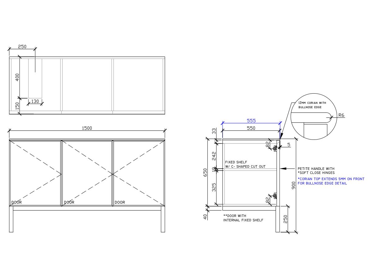 ISSY Adorn Undermount Vanity Unit with Legs Three Doors & Internal Shelves with Petite Handle 1500mm x 550mm x 900mm OFFSET LEFT (CENTRE LEFT)