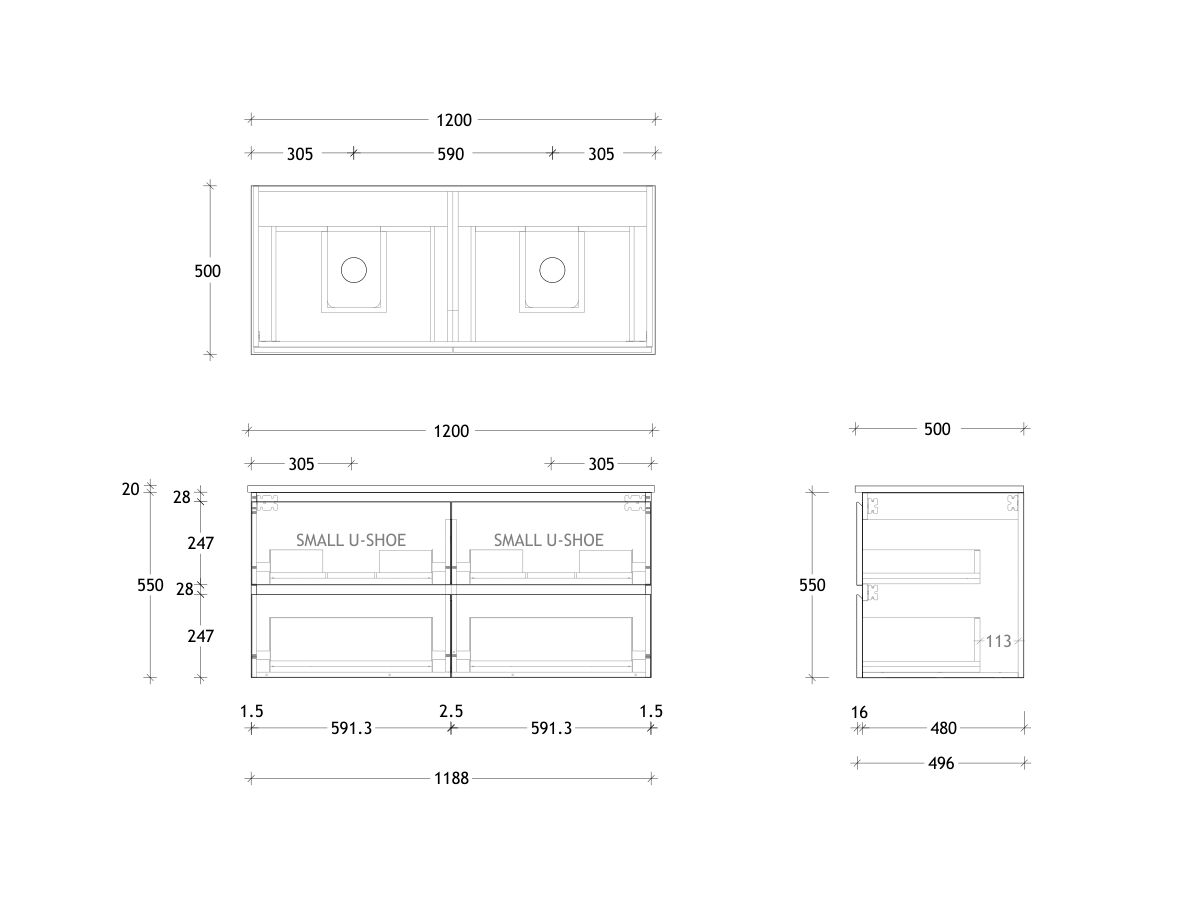 Technical Drawing - Posh Domaine All Drawer Twin 1200mm Wall Hung Vanity Double Basin 20mm Top