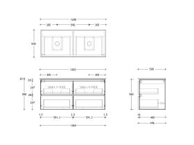Technical Drawing - Posh Domaine All Drawer Twin 1200mm Wall Hung Vanity Double Basin 20mm Top