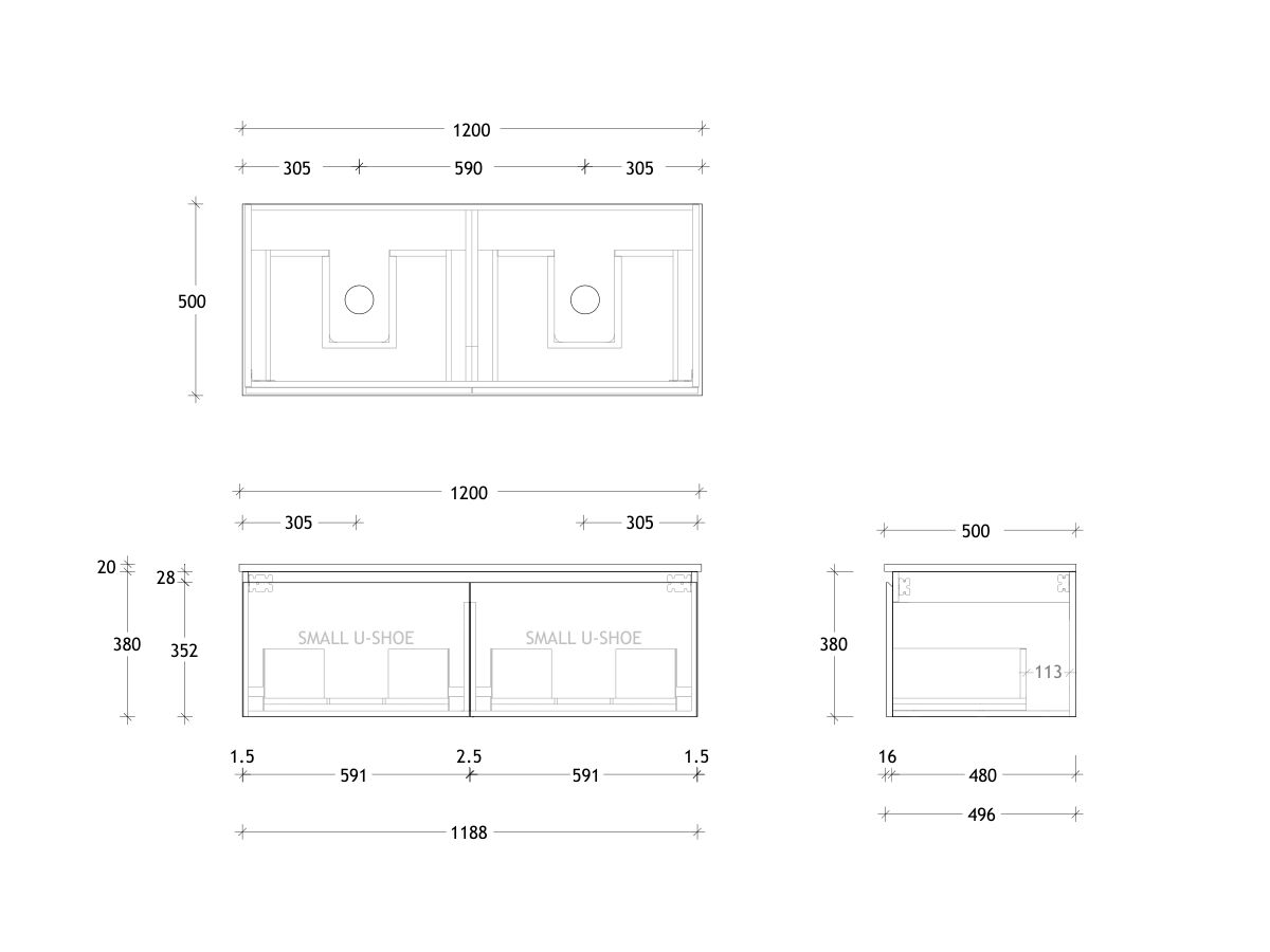 Technical Drawing - Posh Domaine All Drawer 1200mm Wall Hung Vanity Double Basin 20mm Top