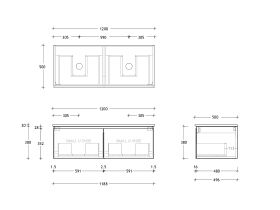 Technical Drawing - Posh Domaine All Drawer 1200mm Wall Hung Vanity Double Basin 20mm Top