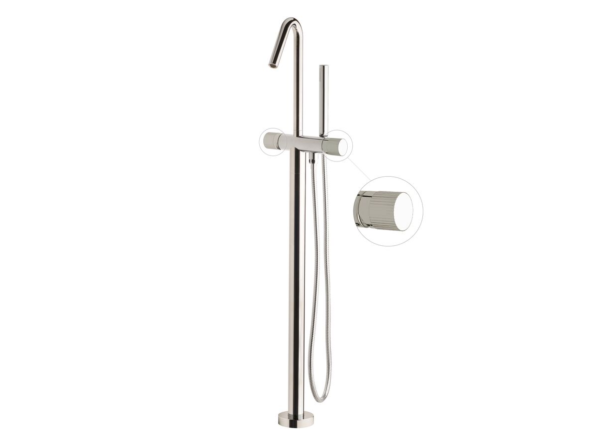 Milli Pure Floor Mounted Bath Mixer Tap with Handshower and Linear Textured Handle Trimset Chrome (3 Star)