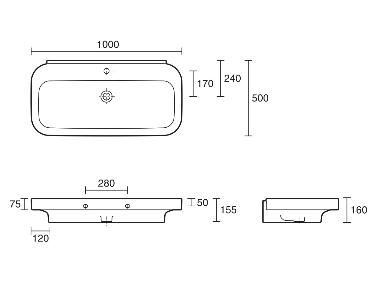 Palomba Wall Basin with Fix 1000mm x 500mm 1 Tap Hole White