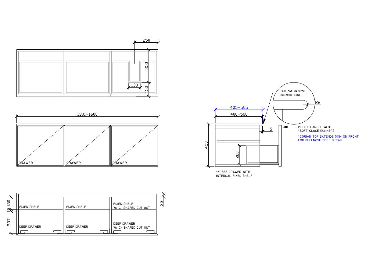 ISSY Adorn Above Counter / Semi Inset Wall Hung Vanity Unit with Three Drawers & Internal Shelves with Petite Handle 1301-1600mm x 400-500mm x 450mm OFFSET RIGHT