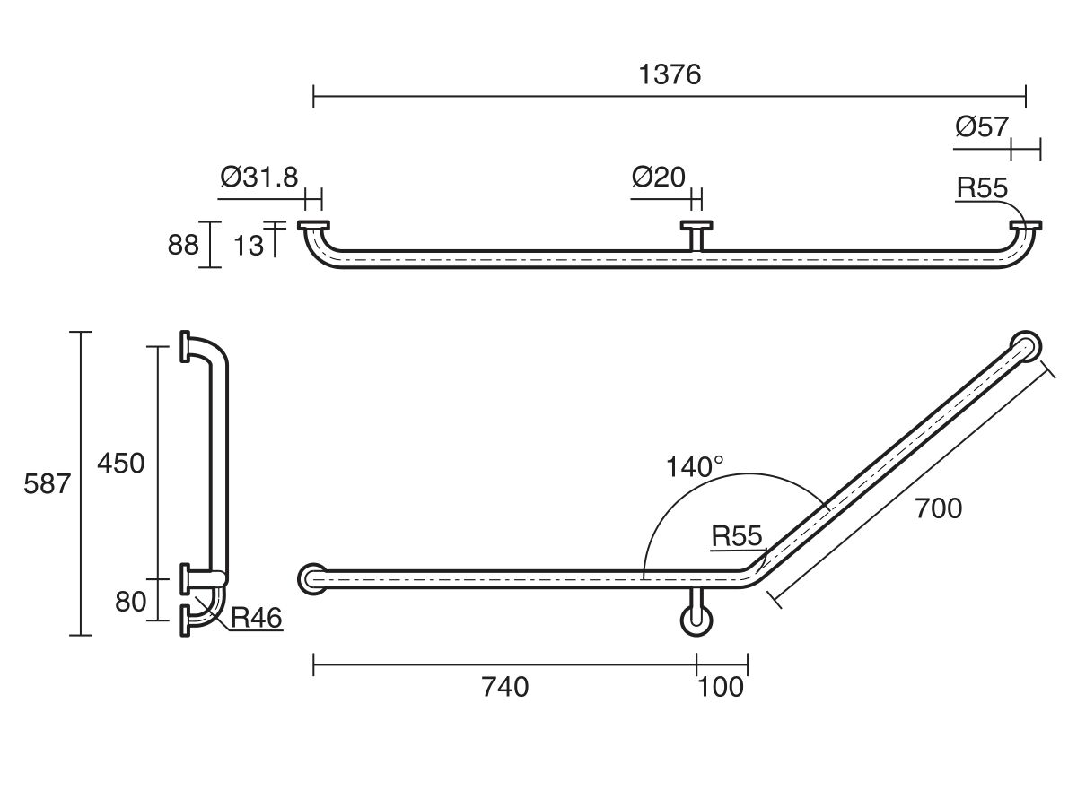 Mobi 840 x 700mm x 140 Degree Left Hand Grab Rail Polished Stainless