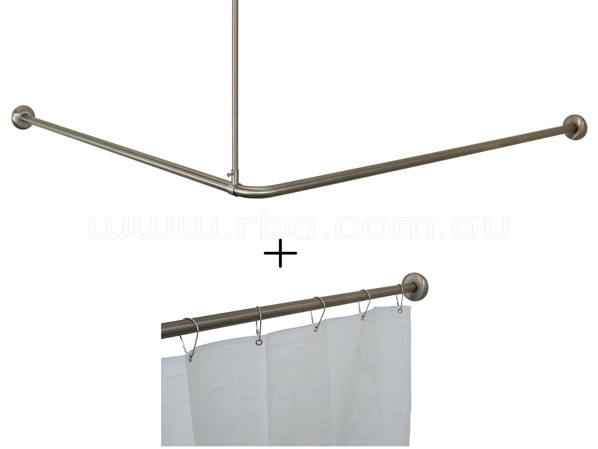 RBA Shower Curtain Rail 90 Degree with Curtain & Hooks 1635mm x 1500mm Stainless Steel