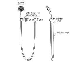 Technical Drawing - Posh Solus MK3 Grab Single Rail Shower Conversion Kit 1 Function with Wall Water Inlet