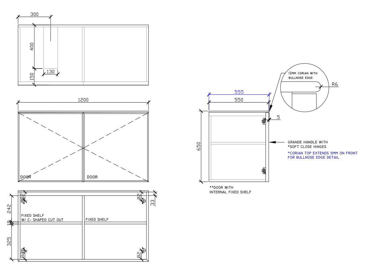 ISSY Adorn Undermount Wall Hung Vanity Unit with Two Doors & Internal Shelf with Grande Handle 1200mm x 550mm x 650mm OFFSET LEFT (OPENS BOTH SIDES)