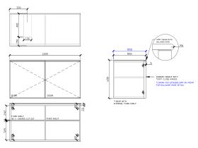 Technical Drawing - ISSY Adorn Undermount Wall Hung Vanity Unit with Two Doors & Internal Shelf with Grande Handle 1200mm x 550mm x 650mm OFFSET LEFT (OPENS BOTH SIDES)
