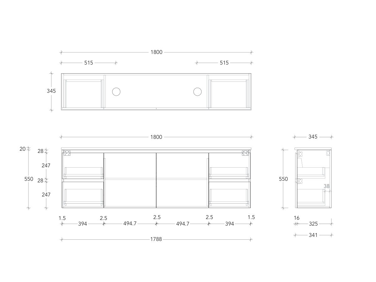 Technical Drawing - Posh Domaine Ensuite 1800mm Wall Hung Vanity Double Basin 20mm Top