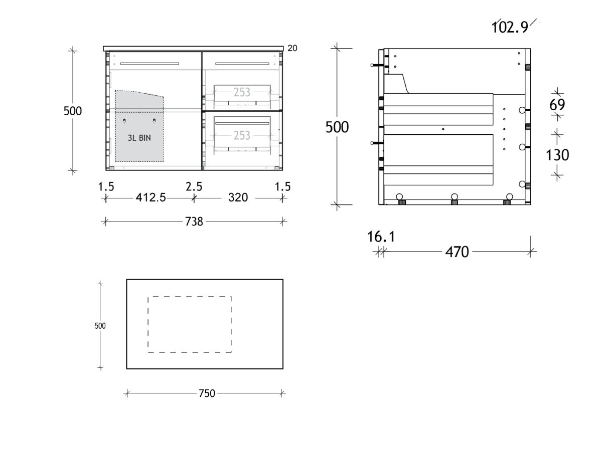 ADP Essence MKII Vanity Unit Wall Hung 1 Door 2 Draws No Basin 750