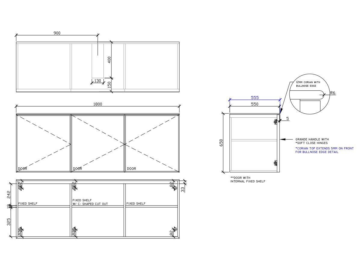 ISSY Adorn Undermount Wall Hung Vanity Unit with Three Doors & Internal Shelf with Grande Handle 1800mm x 550mm x 650mm CENTERED (CENTRE LEFT)