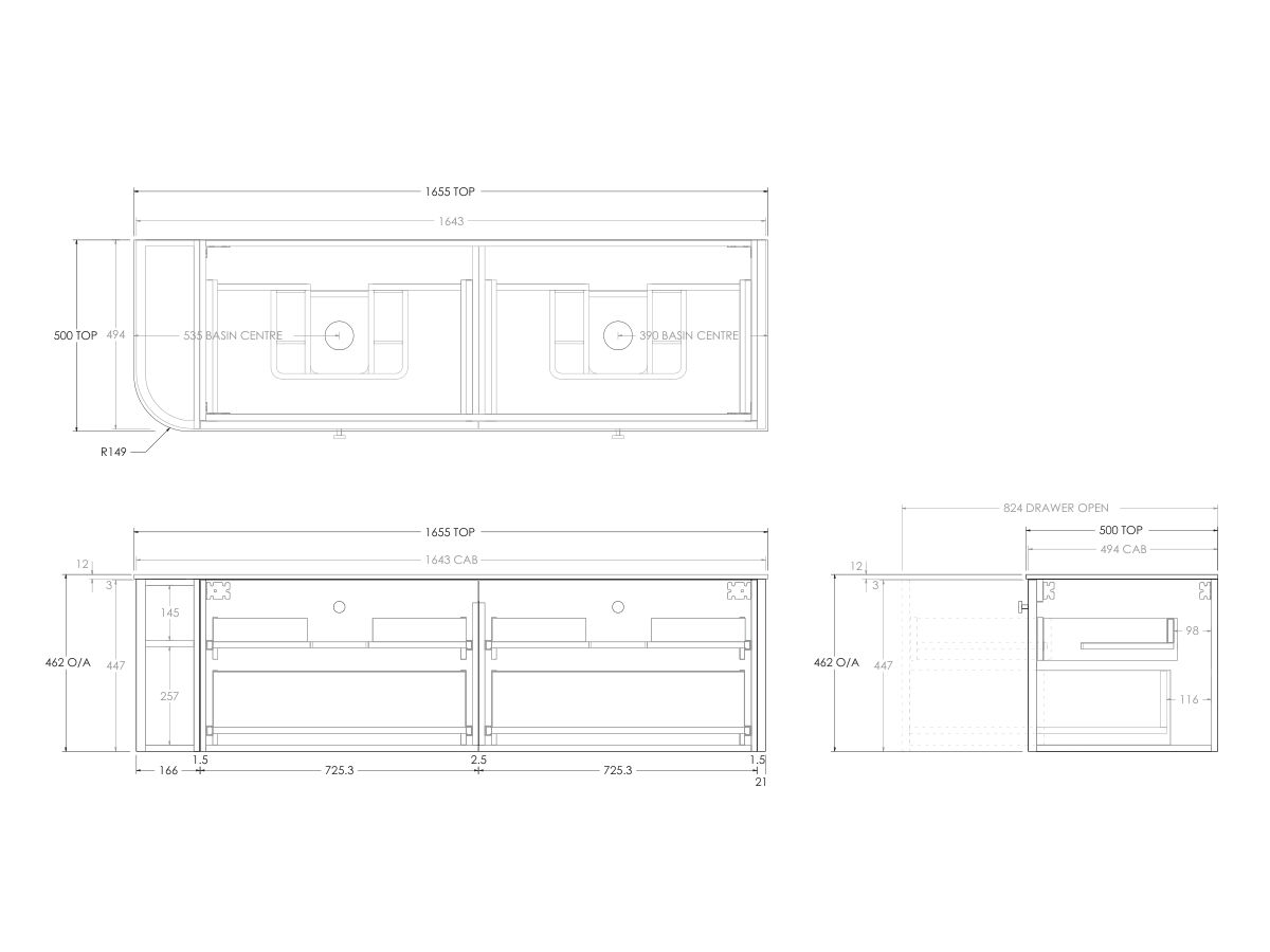 Kado Era 12mm Durasein Top Single Curve All Drawer 1650mm Wall Hung Vanity with Double Basin