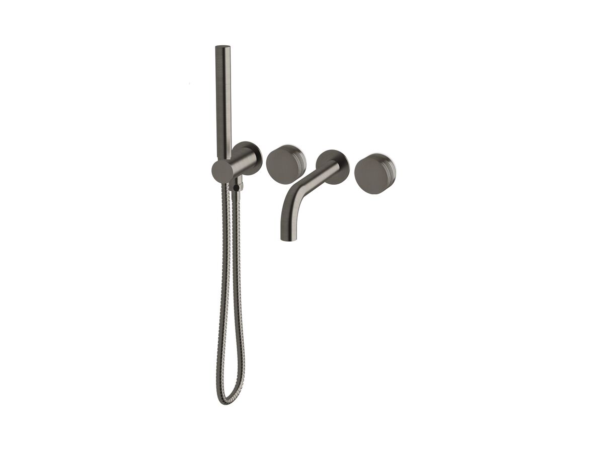 Milli Pure Progressive Bath Mixer Tap System 200mm with Hand Shower Right Hand and Cirque Textured Handles Brushed Gunmetal (3 star)