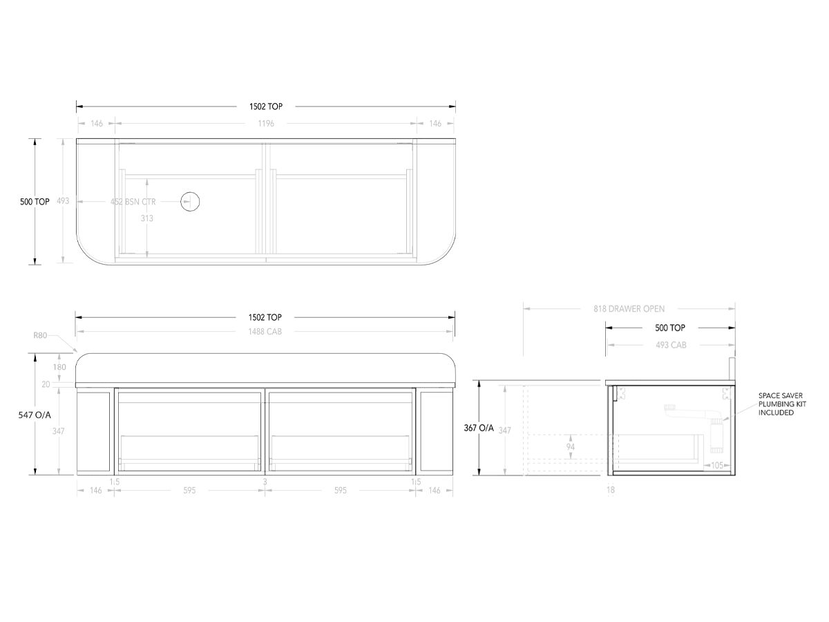 ADP Flo by Alisa & Lysandra All Drawer Vanity Unit Left Bowl 1500 Caesarstone Top 2 Drawers (No Basin)