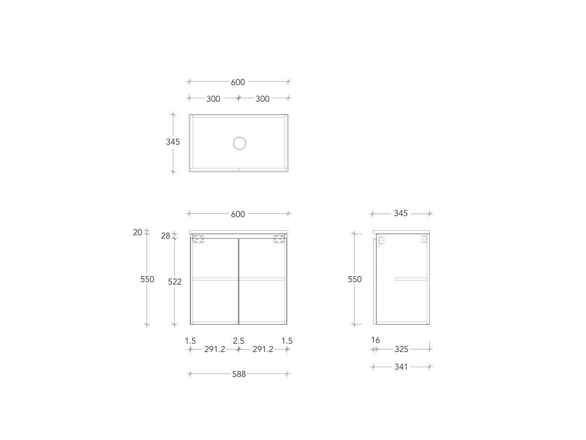 Technical Drawing - Posh Domaine Ensuite 600mm Wall Hung Vanity Centre Basin 20mm Top
