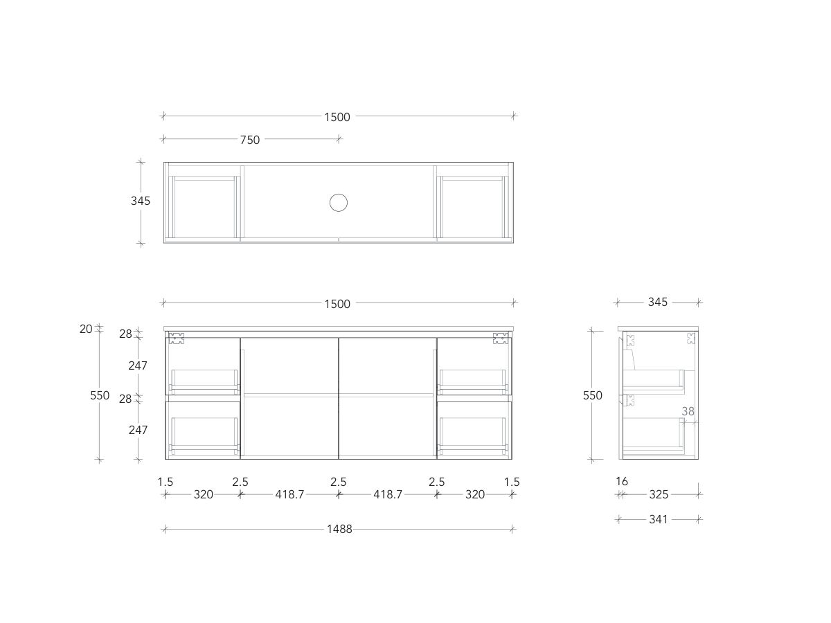 Technical Drawing - Posh Domaine Ensuite 1500mm Wall Hung Vanity Centre Basin 20mm Top