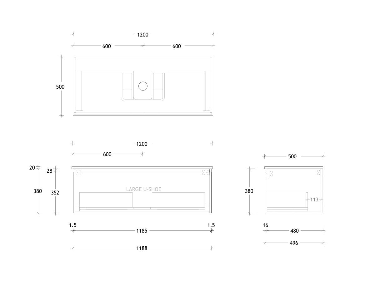 Technical Drawing - Posh Domaine All Drawer 1200mm Wall Hung Vanity Centre Basin 20mm Top