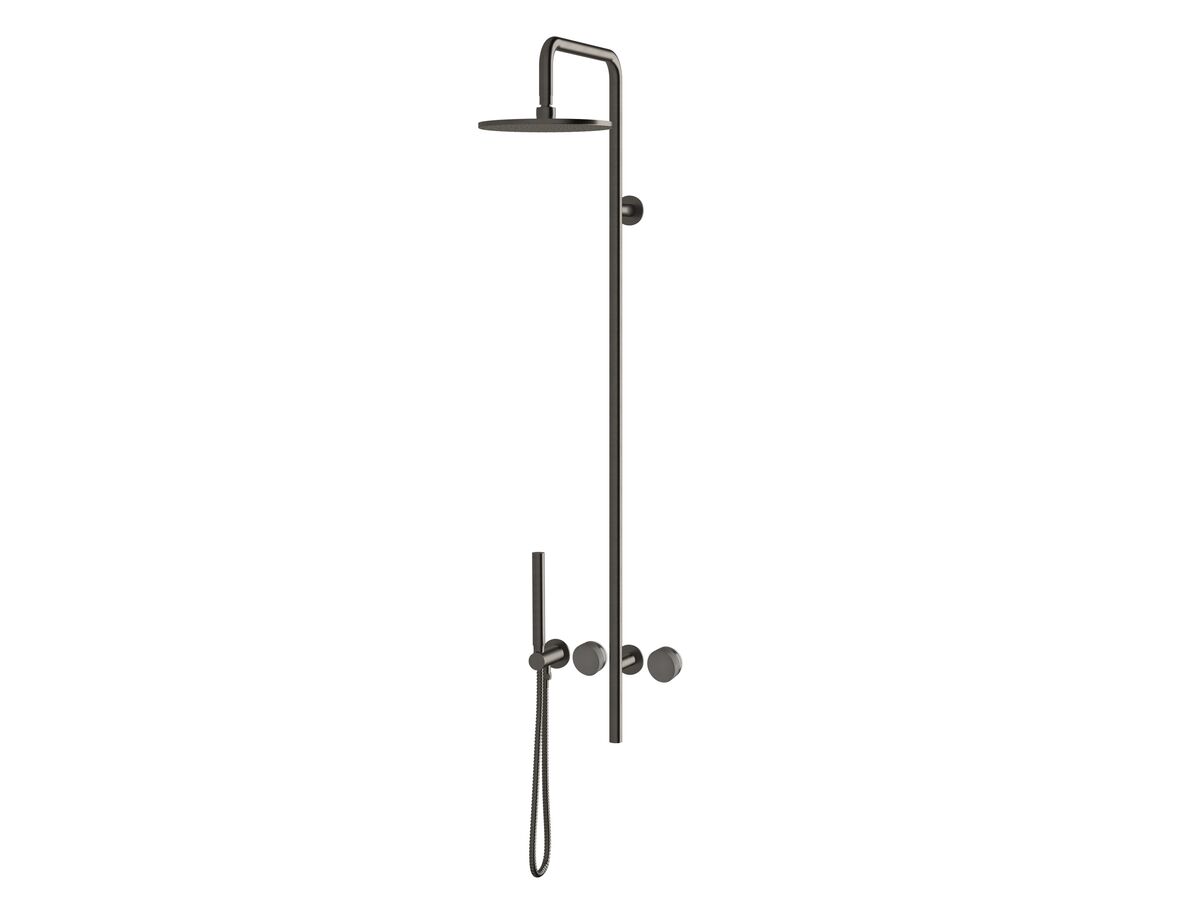 Milli Pure Progressive Shower Mixer Tap Column System with Hand Shower 180mm Right Hand and Linear Textured Handles Brushed Gunmetal (3 Star)