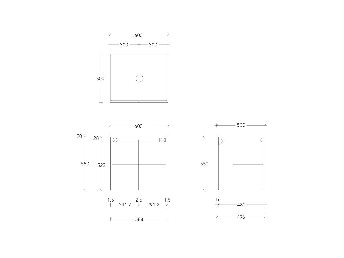 Technical Drawing - Posh Domaine Conventional 600mm Wall Hung Vanity Centre Basin 20mm Top