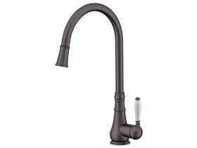 Milli Voir Gooseneck Pull-Out Sink Sink Mixer Tap with Porcelain Handle Brushed Gunmetal (4 star)