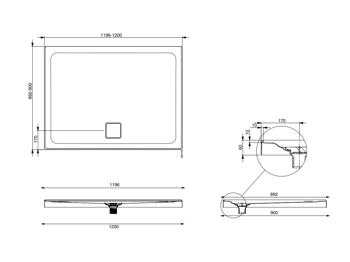 Kado Lux Shower Base 1200mm x 900mm Rear Outlet 3 Tile White from Reece